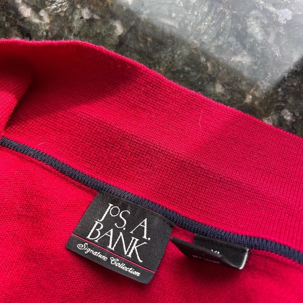 Jos. A Bank Merino Wool 3 button collared pullover sweater. True red. Classic.